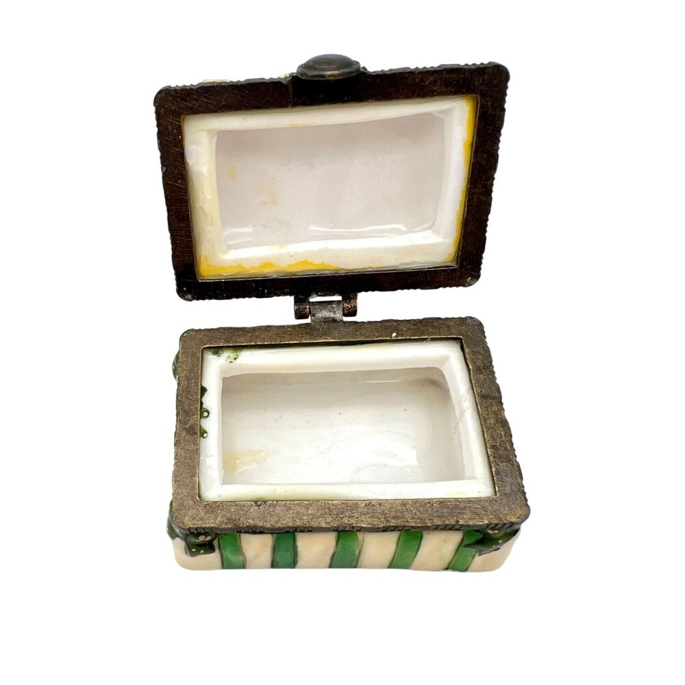 Hand-Painted Ceramic Trinket Box Yellow Floral Lid & Green Striped Dotted Base - Picture 4 of 8